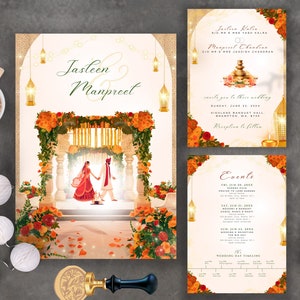May include: Wedding invitation suite featuring a traditional Indian design. The front depicts a couple standing beneath a floral archway. The back provides details about the wedding ceremony and reception. The invitation is adorned with floral patterns and gold accents.