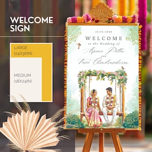 May include: A welcome sign for a wedding with a watercolor illustration of a couple sitting on a swing under a floral canopy. The sign is on an easel and reads "Welcome to the Wedding of Arpana Pillai and Vasu Chandrasekeran 10.06.20XX".