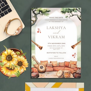 May include: Save the date invitation for a wedding sangeet featuring a watercolour illustration of a musical scene with a sitar, drums, and a clarinet. The invitation includes the names Lakshya and Vikram, the date 17th November 20XX, and the time from 3pm until 6pm. RSVP at lakshyaevikram.com.