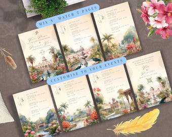 Könnte beinhalten: Ein Satz von sieben Hochzeitseinladungskarten mit einer Aquarellillustration eines Palastes und einer tropischen Landschaft. Die Karten enthalten Text in einer Schreibschrift und die Worte "MIX N' MATCH 7 PAGES" und "CUSTOMISE TO YOUR EVENTS".