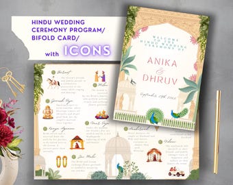 Può includere: Un biglietto di programma per la cerimonia di matrimonio indù a doppia piega con icone che rappresentano varie tradizioni di matrimonio indù. La carta presenta uno sfondo pesca con accenti floreali e un design di pavone. Il testo recita "Benvenuti alla cerimonia di matrimonio indù di Anika & Dhruv il 25 settembre 2022".