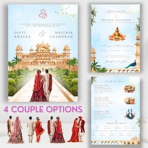 May include: A wedding invitation suite with a watercolor illustration of a couple in traditional Indian attire walking towards a palace. The invitation includes the couple's names, wedding date, and location. The suite also includes a timeline of events and a map of the wedding venue.