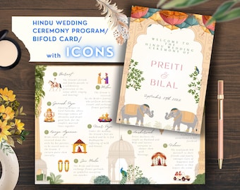 May include: A bifold card programme for a Hindu wedding ceremony with illustrations of elephants, peacocks, and other traditional Indian symbols. The card features the names "Preiti & Bilal" and the date "September 19th, 2023".