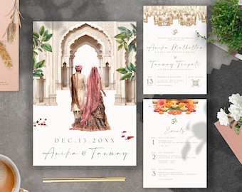 May include: A wedding invitation suite with a watercolor illustration of a couple in traditional Indian attire walking through an ornate archway. The invitation includes the couple's names, "Anifa Malhotra & Tanmay Tripati", the wedding date, "DEC. 13. 20XX", and the text "Please join us to celebrate the union of". The invitation also includes a QR code and a list of events.