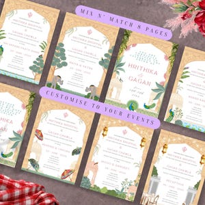 Könnte beinhalten: Acht druckbare Hochzeitseinladungskarten mit einem Mix-and-Match-Design. Die Karten zeigen ein traditionelles indisches Design mit Pfauen, Elefanten und Blumenmustern. Der Text auf den Karten lautet "Hrithika & Gagan" und enthält Details zu den Hochzeitsveranstaltungen.