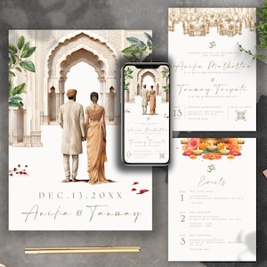 May include: A wedding invitation suite featuring a watercolour illustration of a couple in traditional Indian attire walking through an ornate archway. The invitation includes the couple's names, wedding date, and details of the events. The invitation is decorated with floral elements and a traditional Indian symbol.