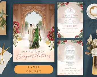May include: A wedding invitation with a floral design and an archway. The invitation is for a Tamil couple, Suriya & Devi, and the wedding is on June 22nd, 20XX. The invitation includes a timeline of events for the wedding day.