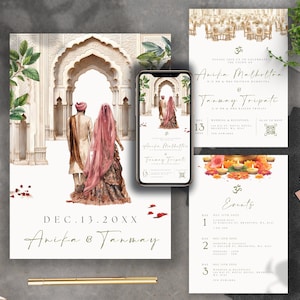 Indian Wedding Invitation Illustration Hindu Digital Invitation Hindu Wedding Couple Indian Graphic Shaadi Digital Muslim Template Canva Mob