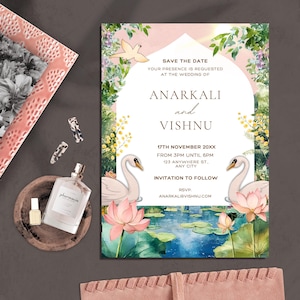Indian Save The Date Hindu Wedding Save The Date Invitation Indian Tropical Wedding Flower Lotus Invitation Swan Digital Template Canva