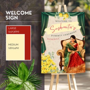 May include: Welcome sign for a puberty ceremony with a green and gold floral design. The sign says "Welcome to Sushmita's Puberty Ceremony 24.04.20XX".