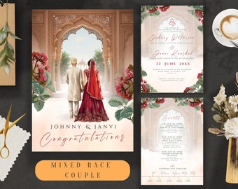 May include: A wedding invitation with a floral design and an ornate archway. The invitation features the names "Johany Deterre" and "Jenri Kanghel" and the date "22 June 20XX". The invitation also includes the text "Congratulations" and "Mixed Race Couple".