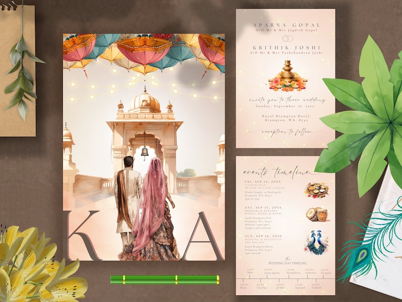 Indian Wedding Invitation Illustration Hindu Digital Invitation Hindu Wedding Couple Indian Graphic Shaadi Digital Muslim Template Canva Bild 1