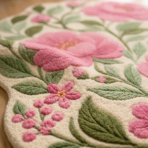 May include: Cream-coloured rug with a floral pattern. Large pink flowers, green leaves, and smaller pink blossoms are featured. The rug has a soft, textured appearance and a scalloped edge. The design is detailed, possibly embroidered or tufted.