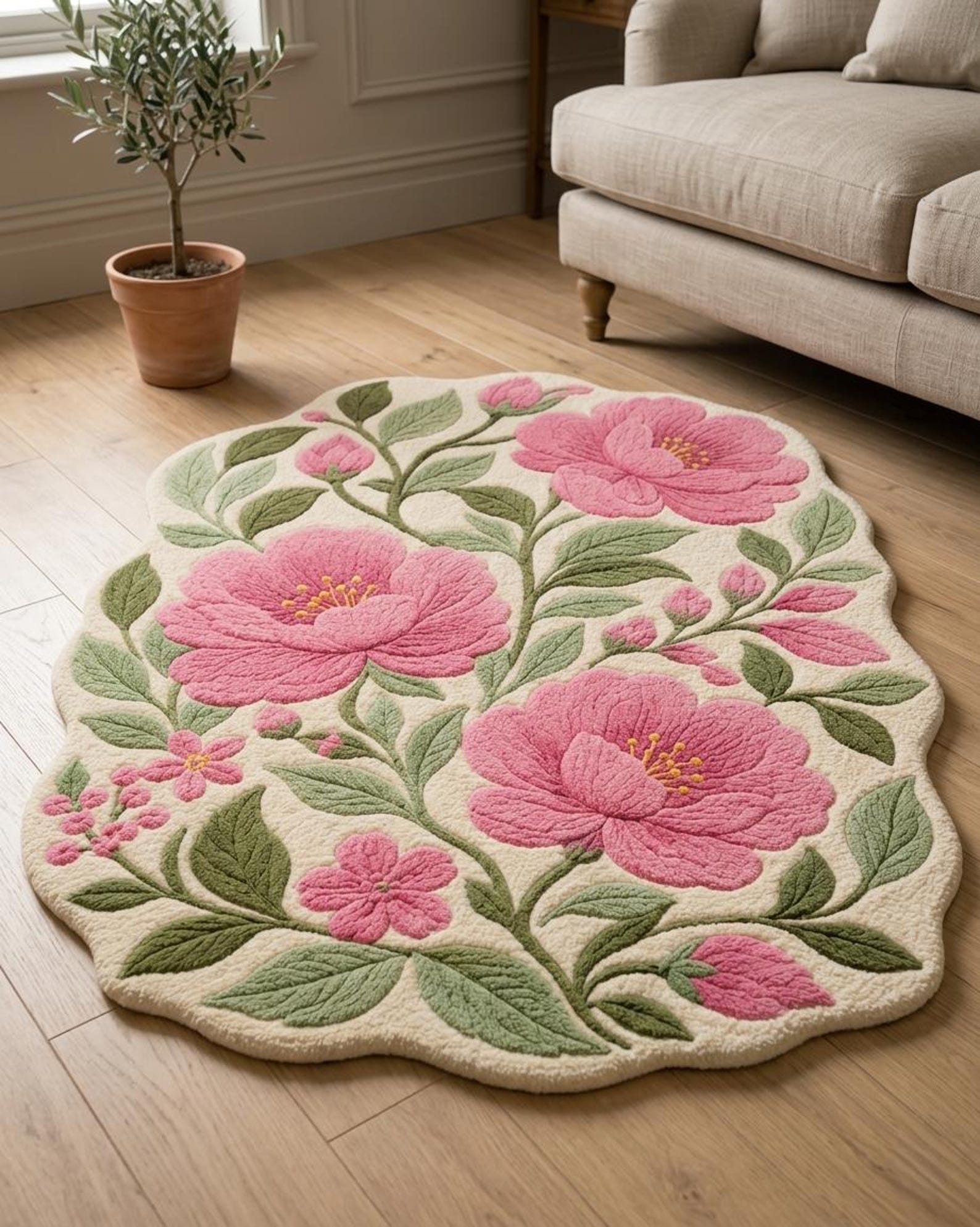 Hand Tufted Pink Floral Rug, 3D Botanical Irregular Mat, Cottagecore ...