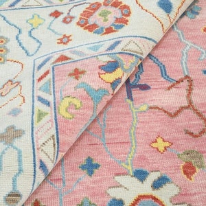 Hand Knotted Oushak Pink Beige Wool area rug pestal rug 5X8 6X9 8X10 9X12 One of a kind rug living room Rug  Oversize size rug