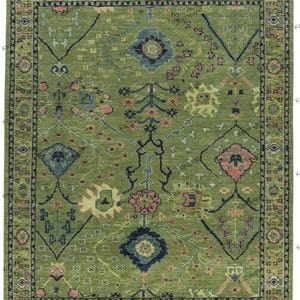 Hand Knotted Oushak L Green Wool area rug pestal rug 5X8 6X9 8X10 9X12 One of a kind rug living room Rug  Oversize size rug