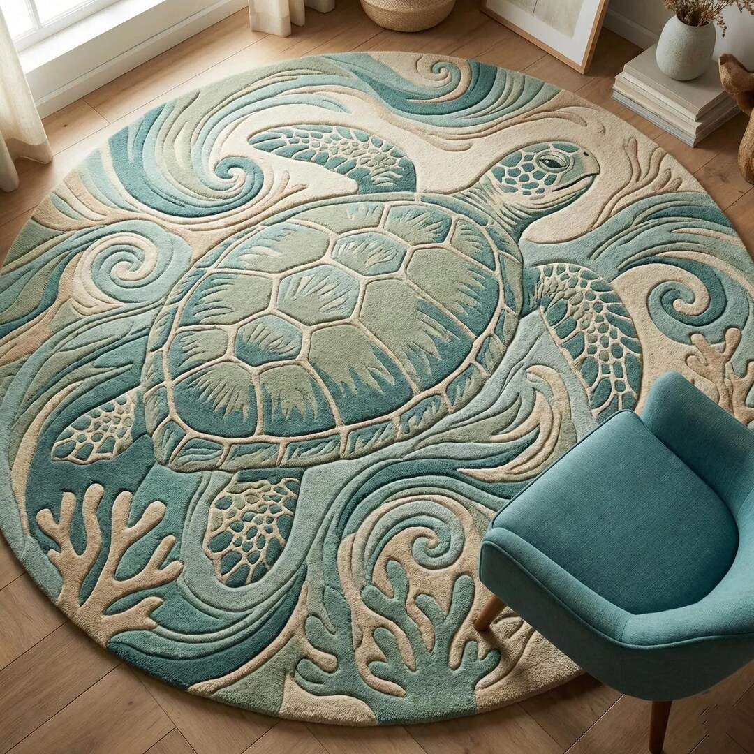 Turtle Rug Cream Hand Tufted Wool Turtle Rug: Coastal Ocean Theme Area Carpet - Etsy