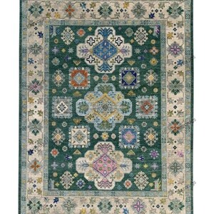 Hand Knotted Oushak L Green Beige Wool area rug pestal rug 5X8 6X9 8X10 9X12 One of a kind rug living room Rug  Oversize size rug
