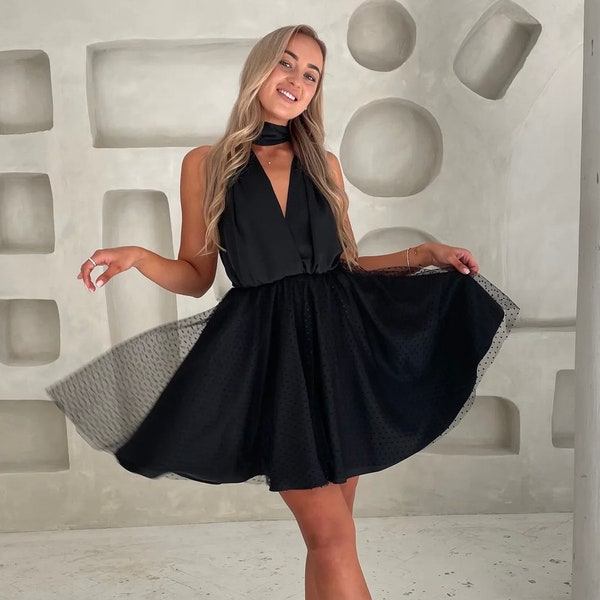 Black Tulle Cocktail Dress, Graduation Short Length Dress, Occasion Dress, Elegant Black Dress, Dots Black Dress, Wedding Short Dress