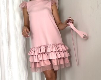 Ruffle Detail Dress In Pink, Christening Dress, Wedding Short Dress, Bridal Shower Dress, Elegant Short Dress, Baby Shower Dress, Pink Dress