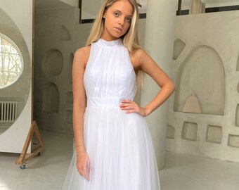 High Neck Dress, Midi Tulle Dress, Ruffled Tulle Dress, Elegant Dress, Wedding Dress, Occasion Dress, Fit And Flare, Mesh Midi Dress,