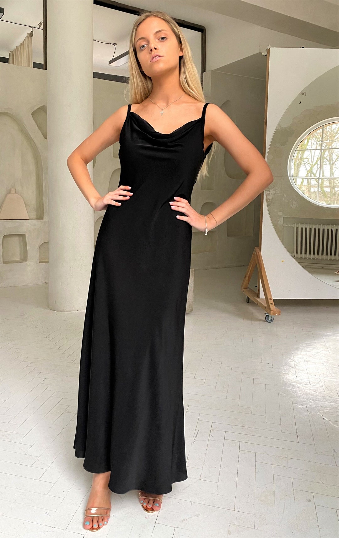 Silk Dress, Chain Backless Dress, Black Dress, Midi Bodycon Dress, Party Dress, Coctail Dress