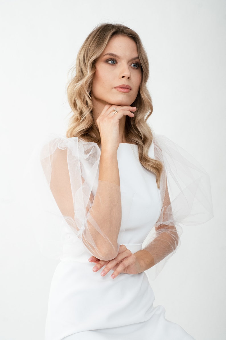 Elegant White Cocktail Dress With Mesh Puff Sleeves Dusty Etsy