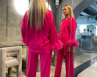 Bright Pink Women Set, Two Piece Suit Women, Blazer And Pants Set, Women Set, Pants Set, Feathers 2Pcs, Two Piece Wedding Set, Feathers Set