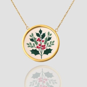 18K Solid Gold December Birth Flower Necklace, Gold Christmas Pendant, Personalized December Holly, December Flower, Christmas Gift for Her