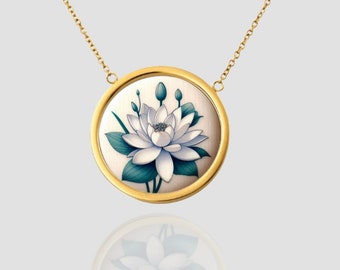 Collar con colgante de nenúfar de oro de 18 quilates, regalo de cumpleaños de julio.