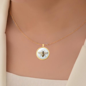 Collier en Or Massif 18k Abeille, Collier Insecte, Bijoux Faits Main, Pendentif Abeille en Or Massif
