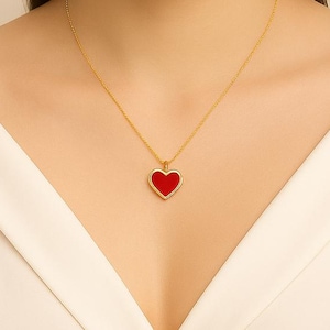 Handmade Solid Gold Heart Necklace, 14k Gold Dainty Red Heart Pendant | Valentine's Gift for Her