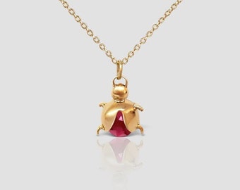Marienkäfer-Halskette, Handgefertigt aus 14 Karat massivem Gold, Käfer-Anhänger Halskette, Minimalistische Halskette als Geburtstagsgeschenk
