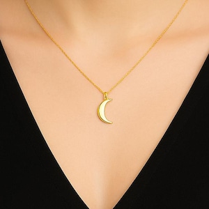 Solid Gold Moon Necklace, Handmade Minimalist Crescent Moon Pendant, Jewelry Gift For Him