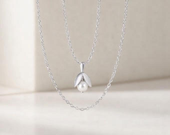 Silver Pearl Necklace: Bloom Leaf Design, Handmade Minimalist Bloom Flower Pendant