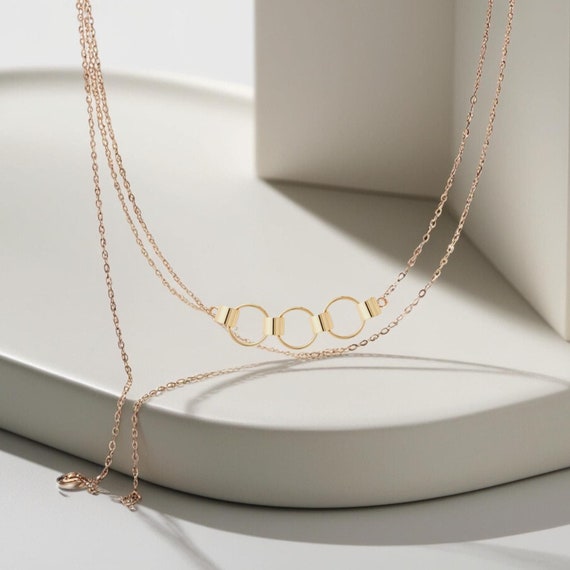 14K Solid Gold Hoop Necklace, Triple Hoop Charm Necklace, Handmade