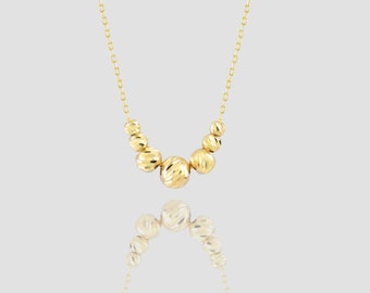 14k Solid Gold Ball Beads Necklace, Handmade Minimalist Dainty Seven Ball Diamond-Cut Bead Station Necklace