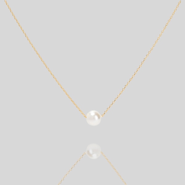 14k Solid Gold Pearl Necklace, Handmade Dainty Gold Necklace with Pearl, Floating Pearl Chain Necklace