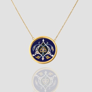 14K Solid Gold Necklace, Floral Persian Art-Inspired Design Necklace, Luxury Handmade Gold Pendant, Floral Toranj Tile-Inspired Design