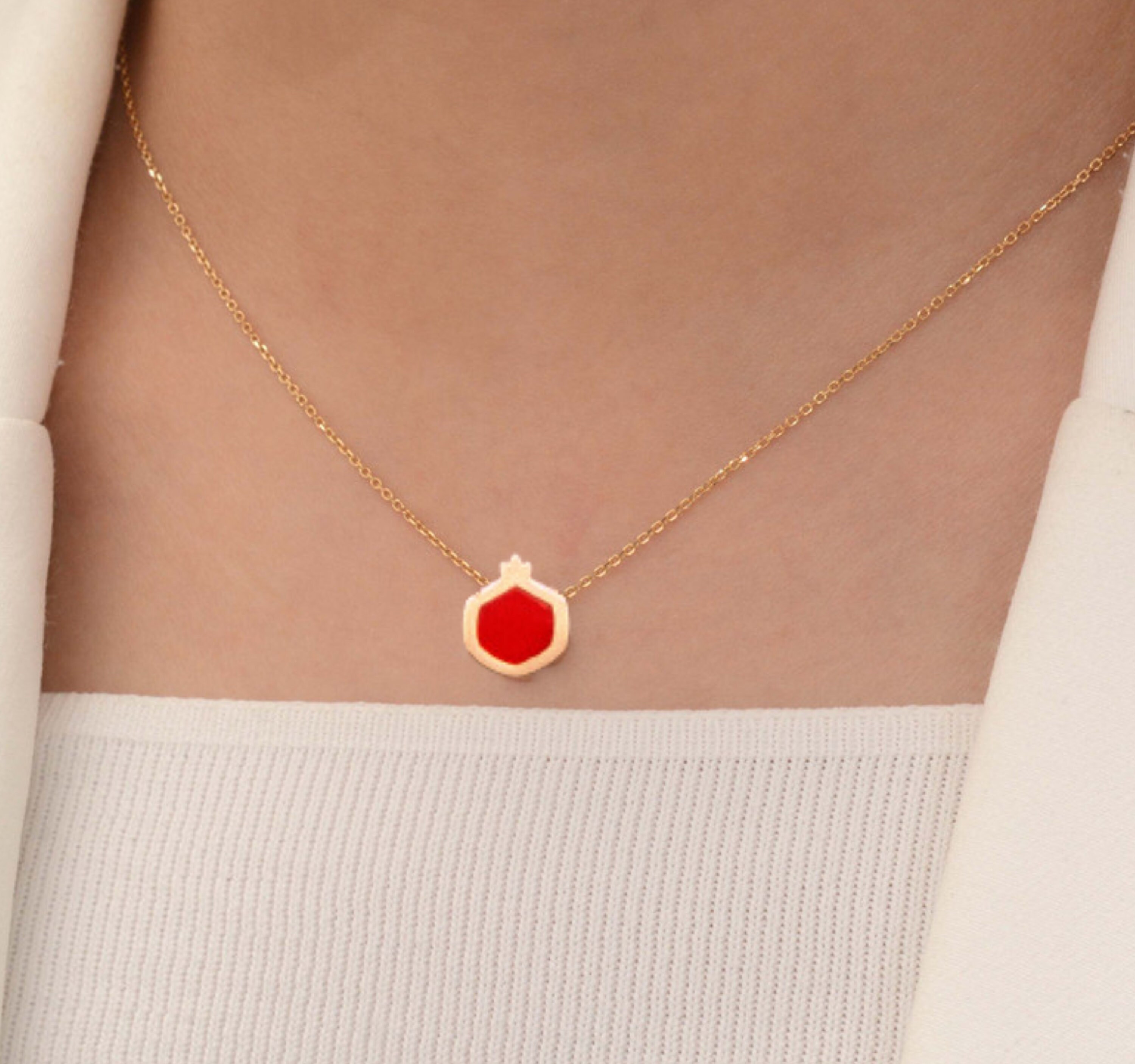 14k Solid Gold Pomegranate Necklace, Handmade Elegance 14k Gold Charm
