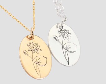 18k Solid Gold Water Lily Necklace, July Birth Flower, Personalized Gift