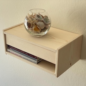 Estante flotante con cajón, mesita de noche de madera maciza montada en la pared, consola flotante moderna