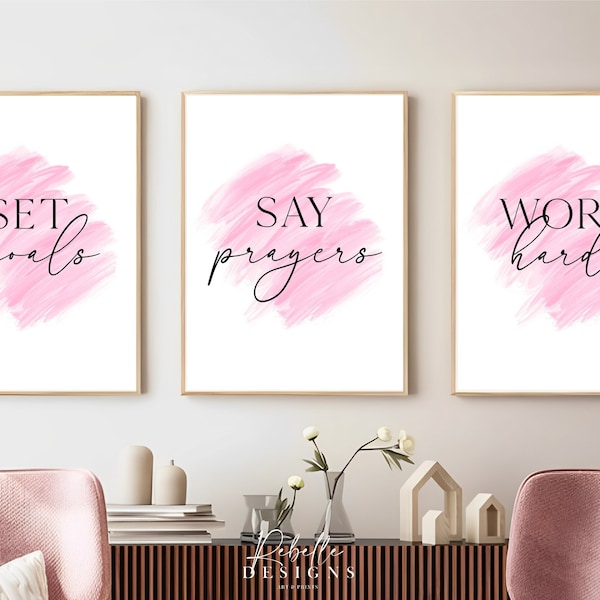 Set goals say prayers work hard, office wall art, home office decor, inspirational wall art, work hard sign, printable quotes, office decor