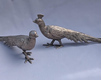 Pair of Vintage Silver Finished Metal Model of Pheasants Menu Holders