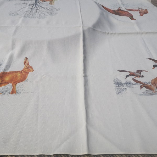 Vintage Cream Tablecloth Printed with Fox, Pheasants, Hare and Mallard Ducks