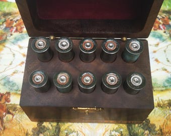 Antique Handmade Wooden Box Containing Cartridge Shaped Butt Markers / Peg Finders