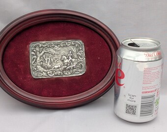 Antique Oval Silver Fox Hunt Relief Plaque - Wooden Frame