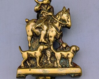 Small Vintage Brass Door Knocker Mounted Huntsman and Hounds