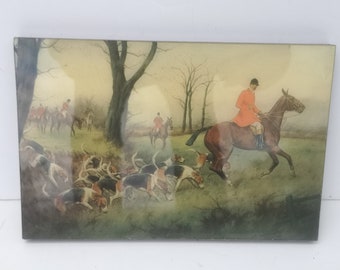 Vintage Small Fox Hunting Printed Wooden Plaque Huntsman and Hounds