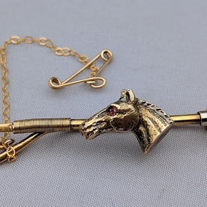 9 Ct Gold Horse and Hunting Crop Bar Brooch / Stock Pin  Ruby Eyes